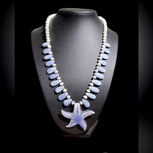 Rainbow moonstone with blue opal teardrops and glass starfish pendant necklace.